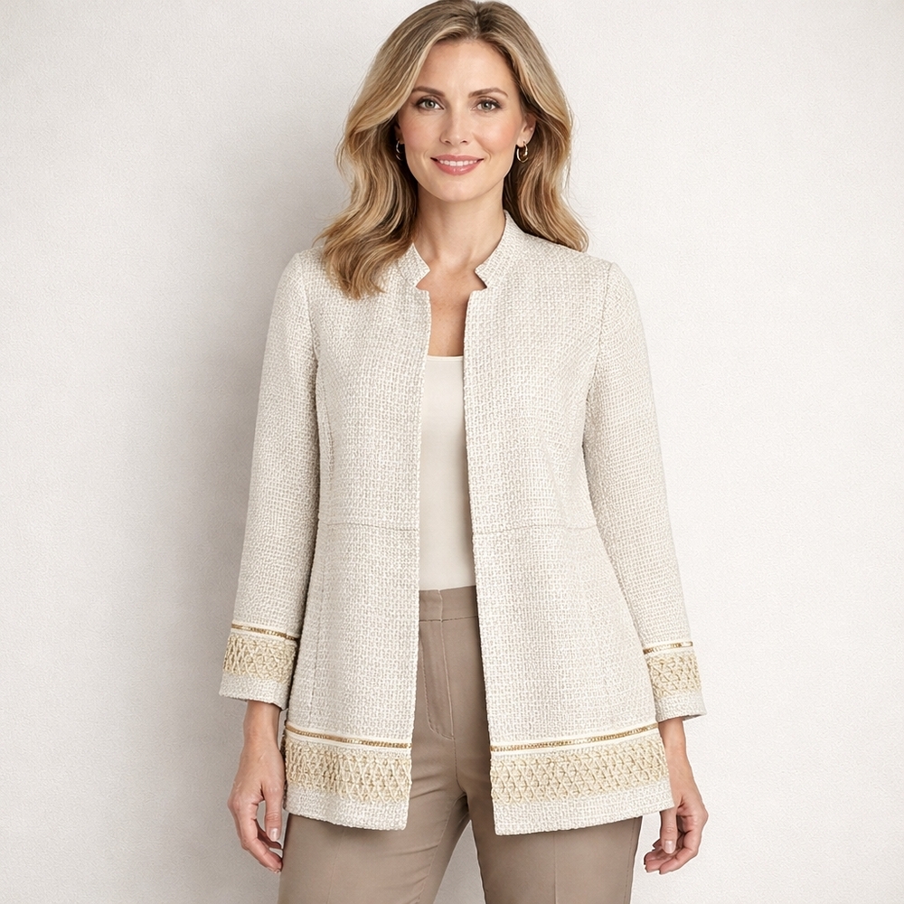 CHICO'S Size 3/XL Cream Textured Gold Embellished Beaded Trim Open Jacket NWT